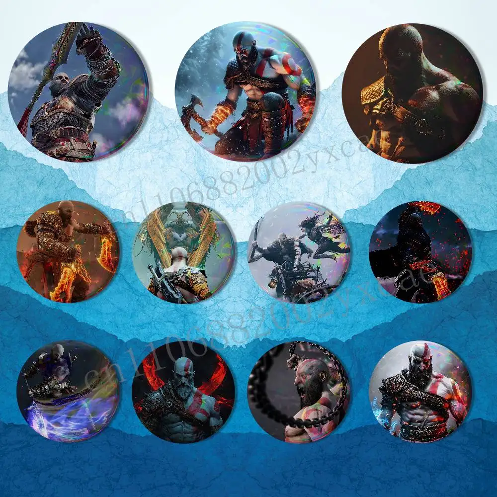 

Leviathan Kratos God of War Reflective Pin Tinplate Round Brooch Cartoon Cosplay Badges for Bag Hat Toys Gifts