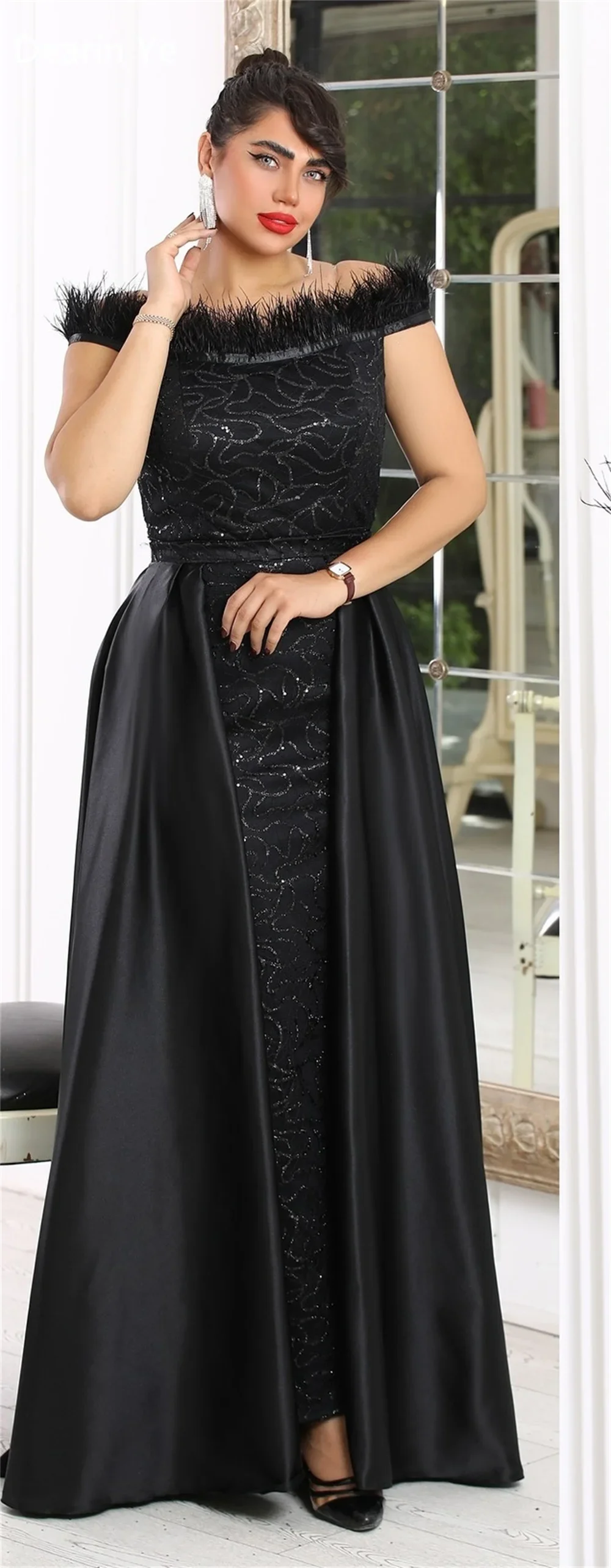 Customized Prom Gown Saudi Arabia Formal Dearin Off-the-shoulder Column Floor Length Skirts Beading Bead Embroidery Feather Besp