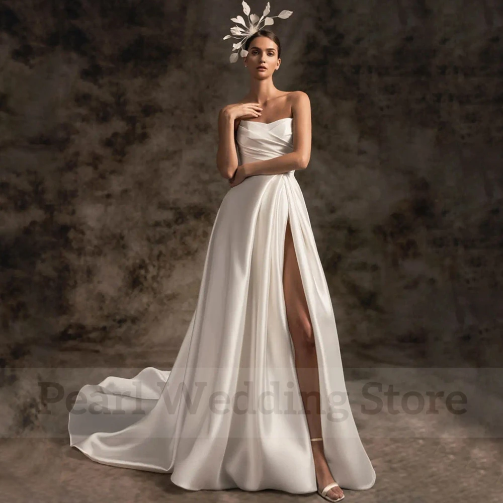 Abito da sposa da sposa con spacco laterale alto Sexy semplice pieghe senza spalline senza maniche a-line lunghezza del pavimento senza schienale con abiti da sposa tascabili