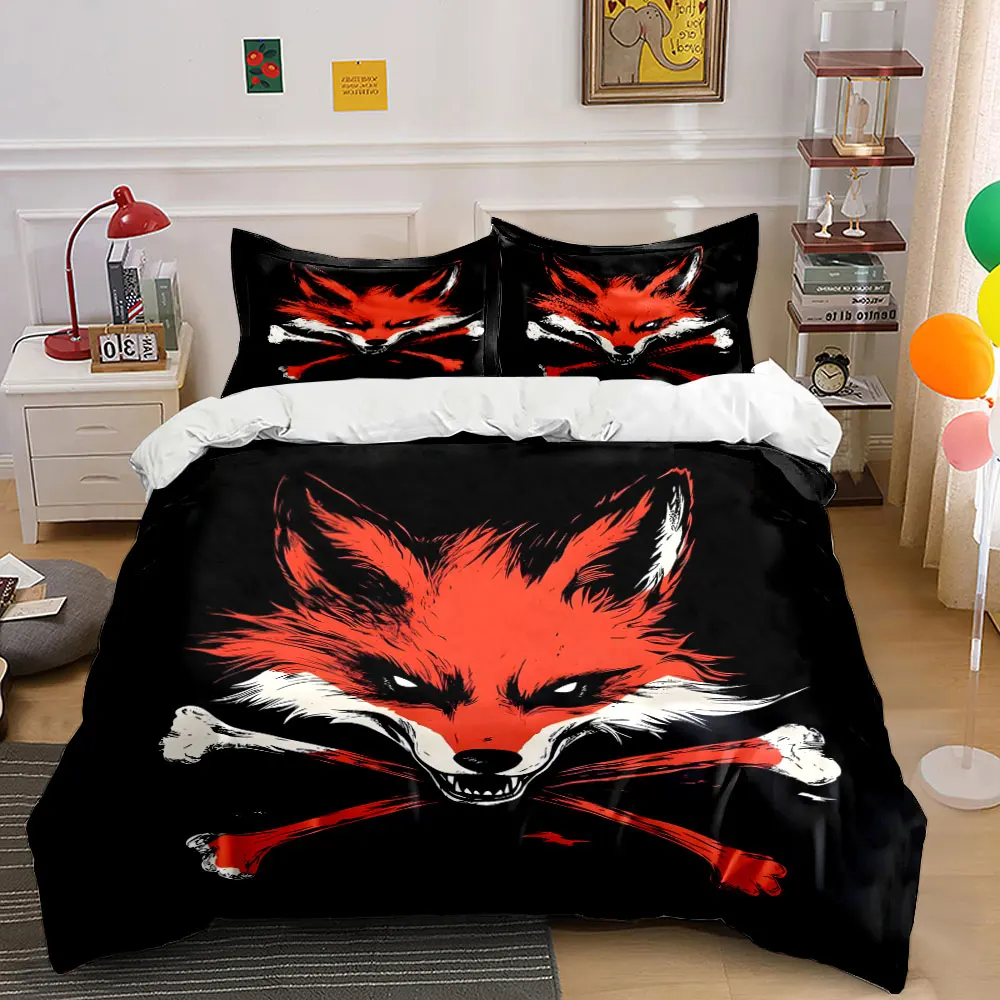 Red fox with crossed bones Print Bedding Set 1 Duvet Cover 2 Pillowcases for Adult and Children Luxury Gift Full Size