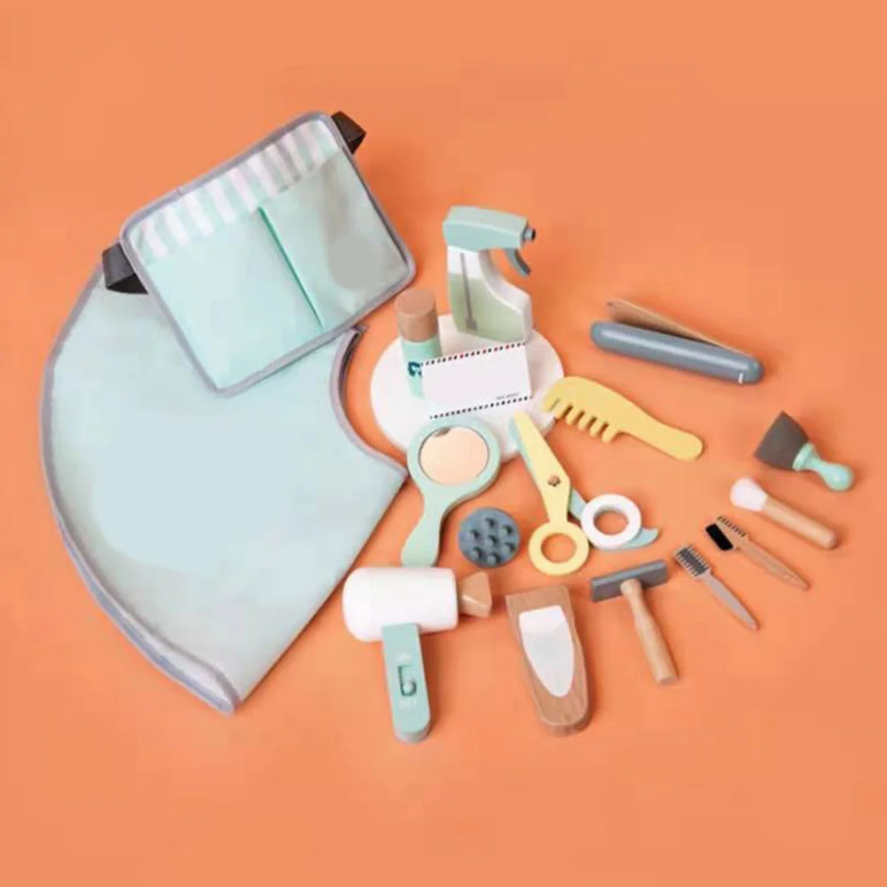 1Set Children's Haircut Kit Educational Pretend Play Wooden Hairdresser Tool Safe Kids Learning Set Creative Role Play Game