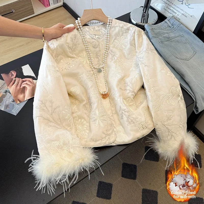 

New Chinese Sle Thiened Long Sve Tang Suit Jaet Embroidered Floral Pattern Cotton Lined Stand Collar Traditional Cos...