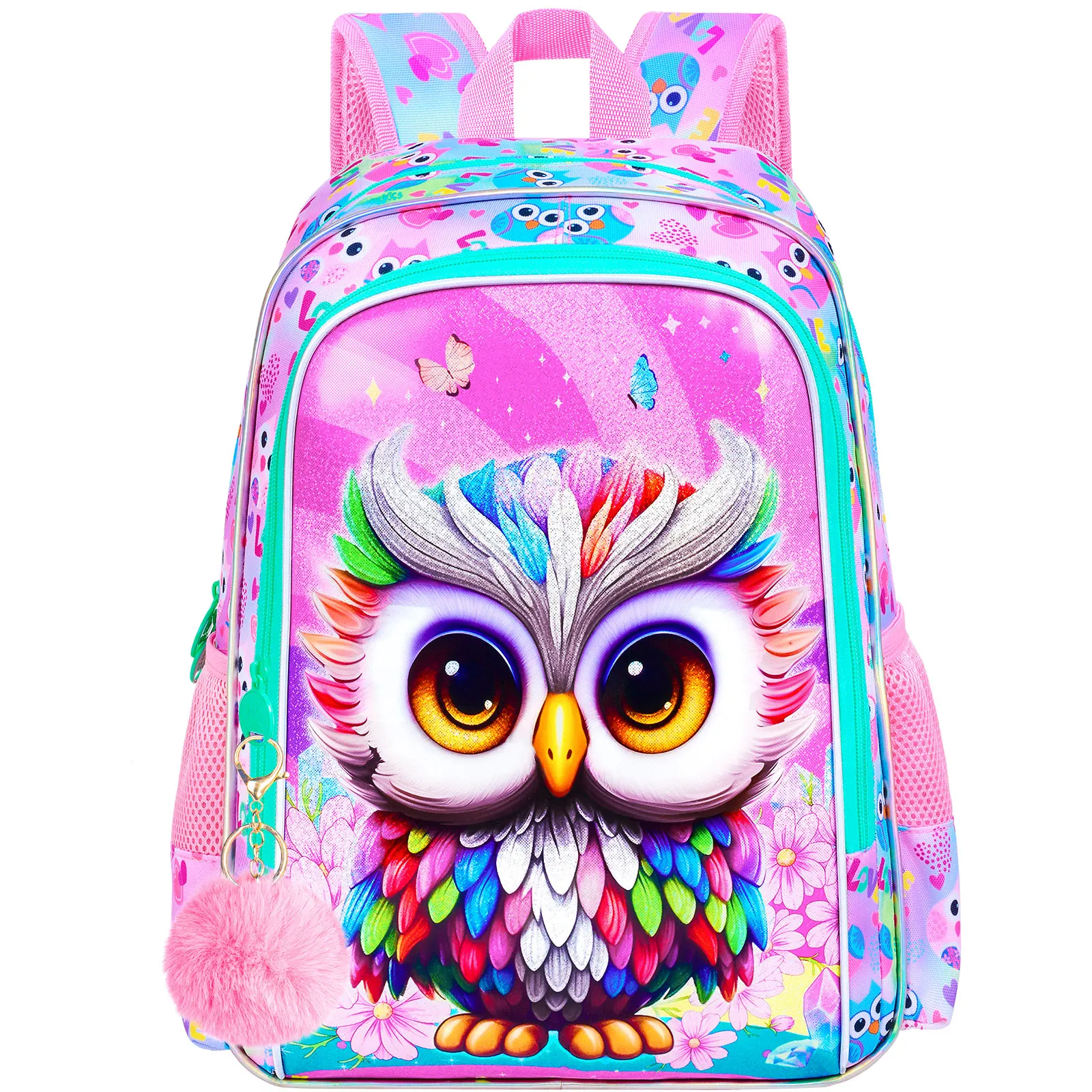 

Girls Owl Bookbag, 16" Kids Backpackwith Lunch Box, Water Resistant School Bag for Elementary Prechool Toddler