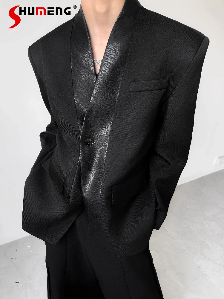 

Fashion Light Luxury Splicing Faux Leather Design V-Neck Padded Shoulder Blazers Men 2025 Autumn New High-End Chic Suit Jackets
