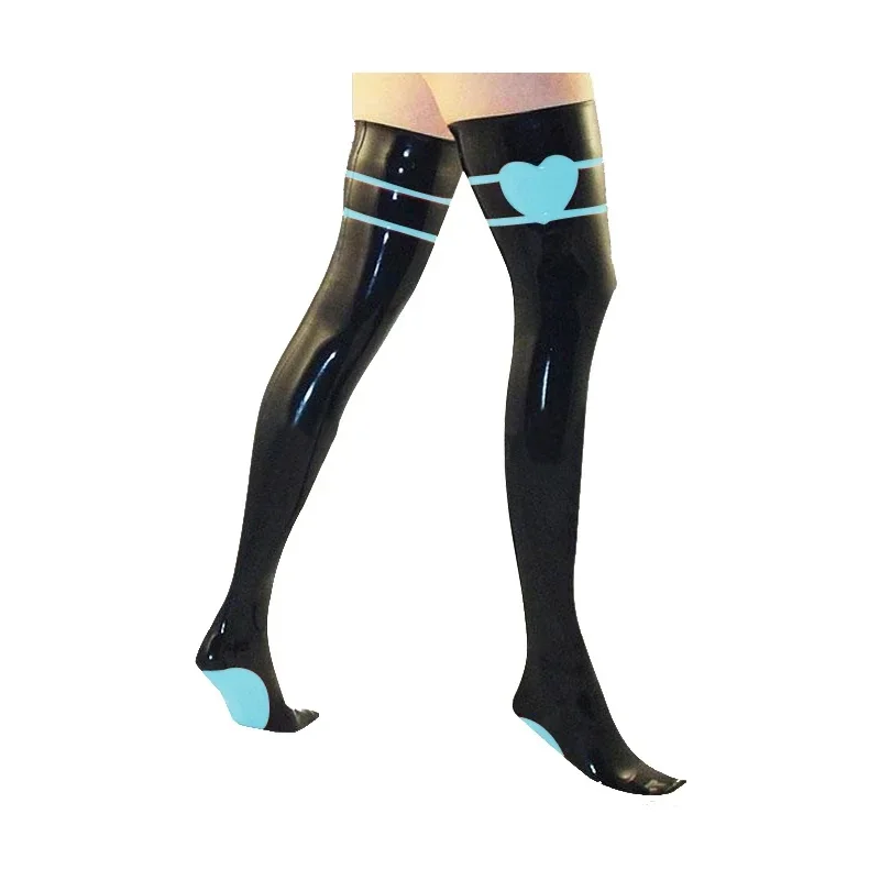 Latex Stocking Women Lake Blue and Black Long Socks Over The Knee