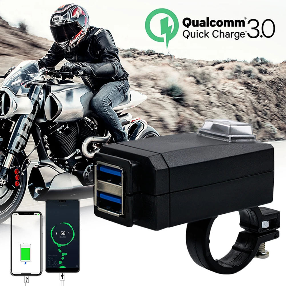 Motorcycle Charger Dual USB Universal QC 3.0 USB Waterproof Dual USB Quick Change 12V Power Supply Adapter Motorcycle Chargers