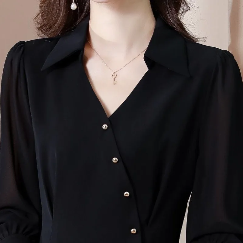 Women\'s Spring Autumn Fashion Elegant Solid Color Pullover POLO Collar Button Casual Versatile Long Sleeve Slim Fit Shirt Tops