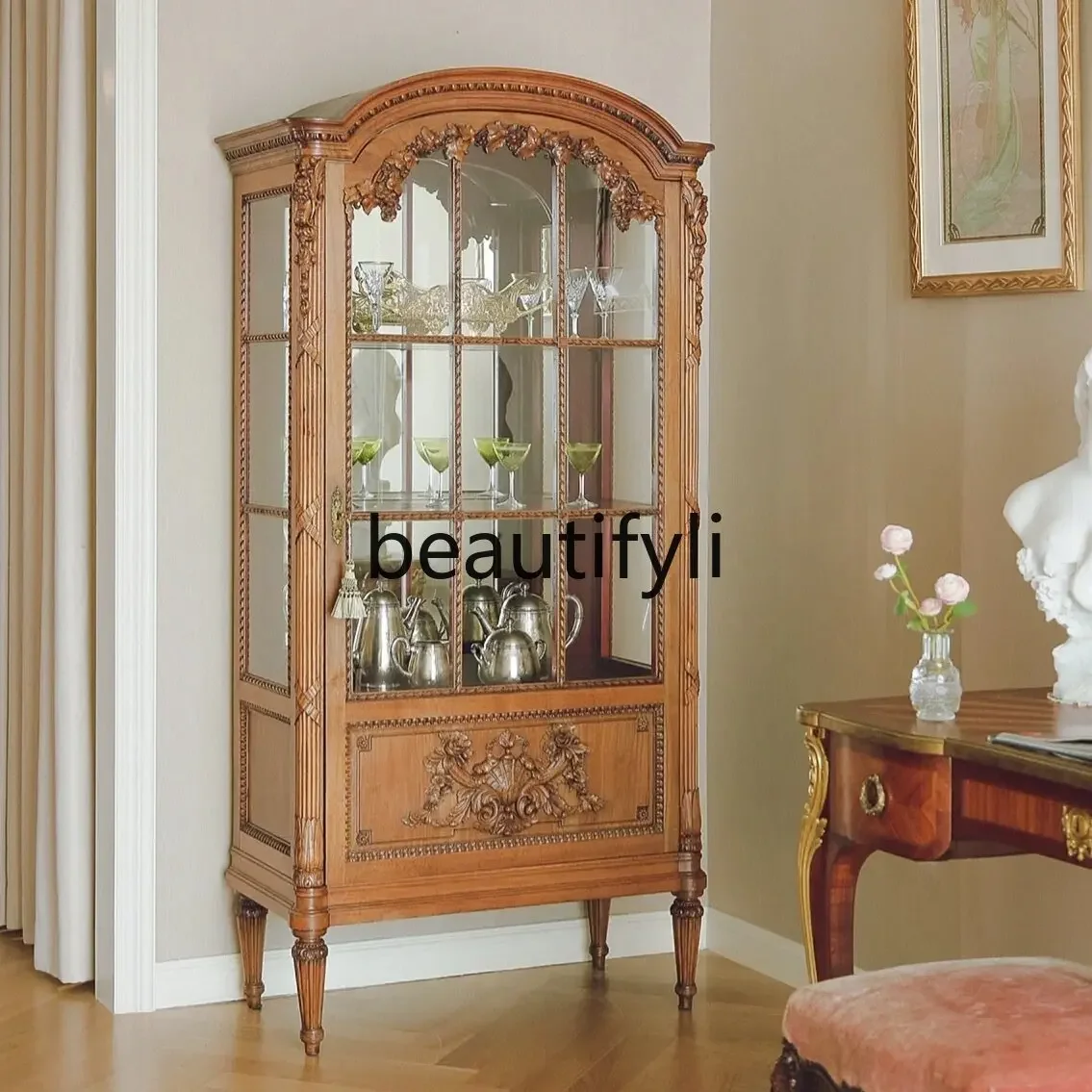 French solid wood carving flower dining side cabinet storage old display antique glass wine cabinet living room furniture