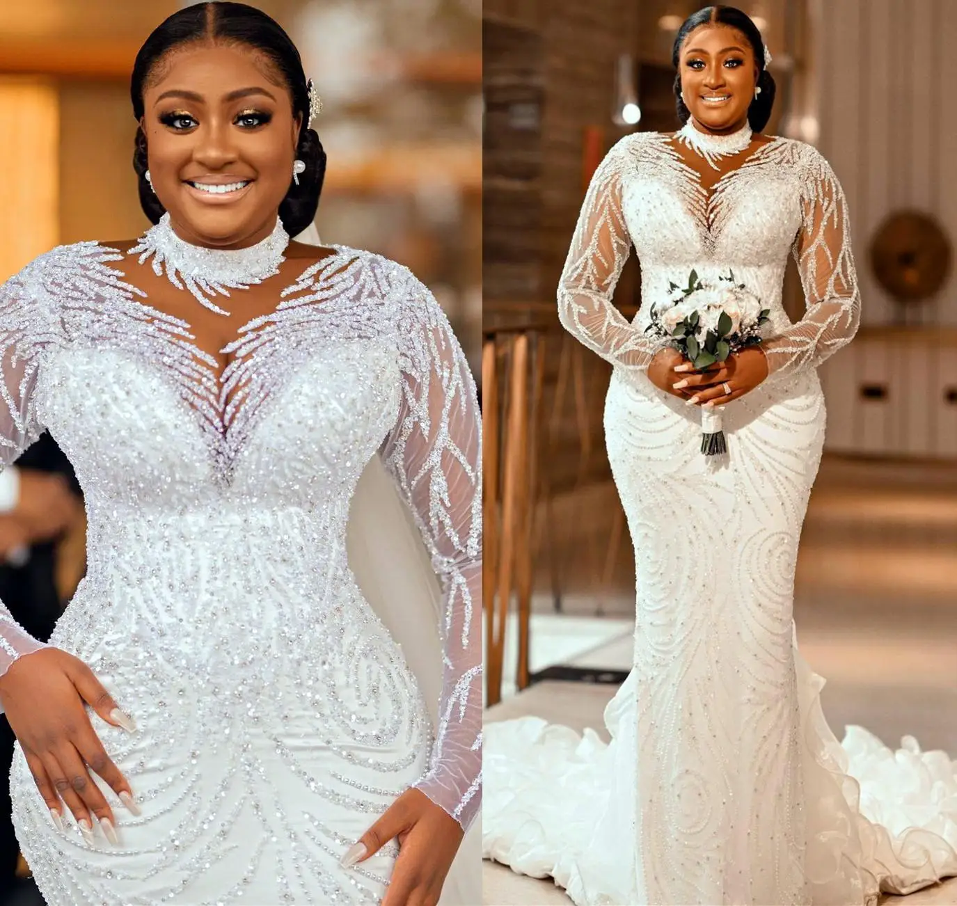 Plus Size Arabic Aso Ebi Sheer Neck Mermaid Wedding Dress Long Sleeves Sexy Bridal Gowns Dresses