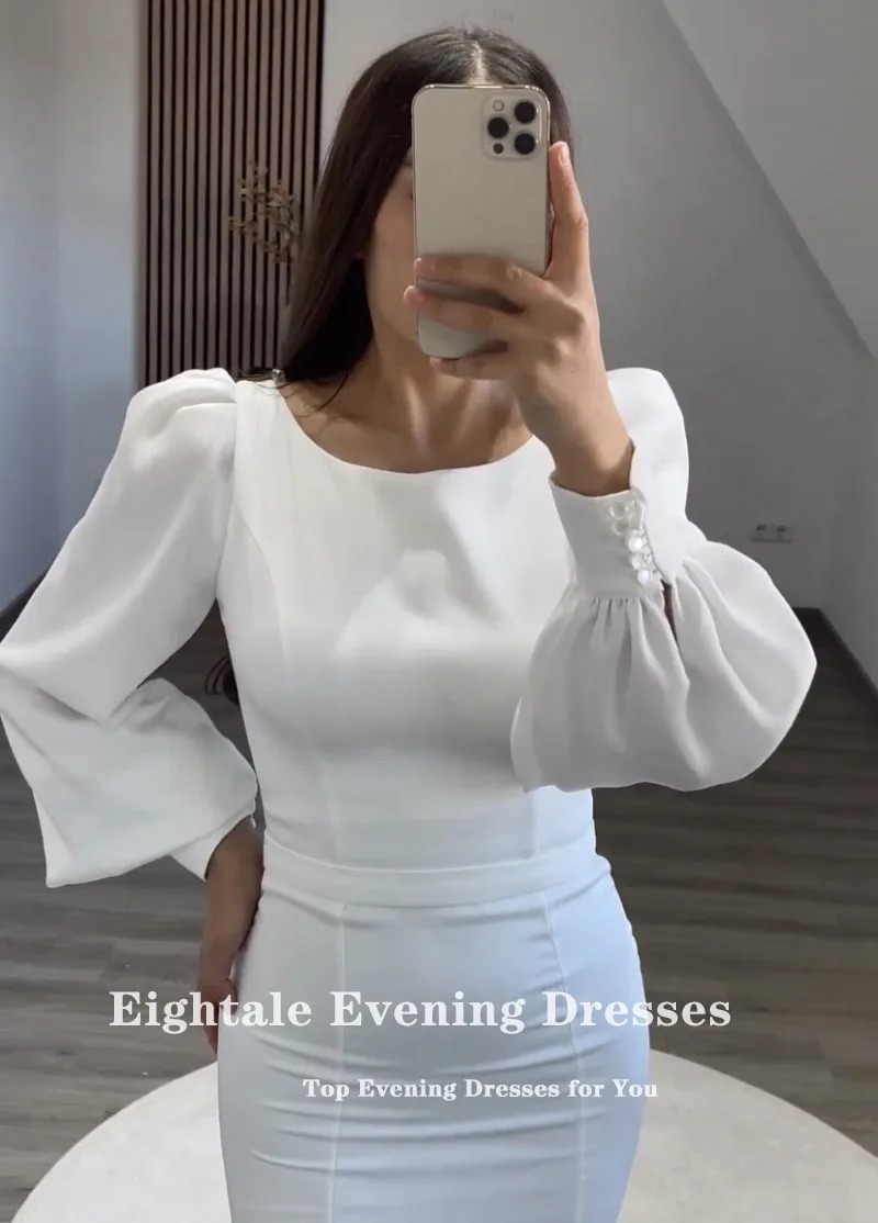 Eightale ชุดราตรีสีขาวสําหรับงานแต่งงาน O-คอชีฟองยาว Puffy แขนที่กําหนดเองคําชุดราตรีดูไบชุด