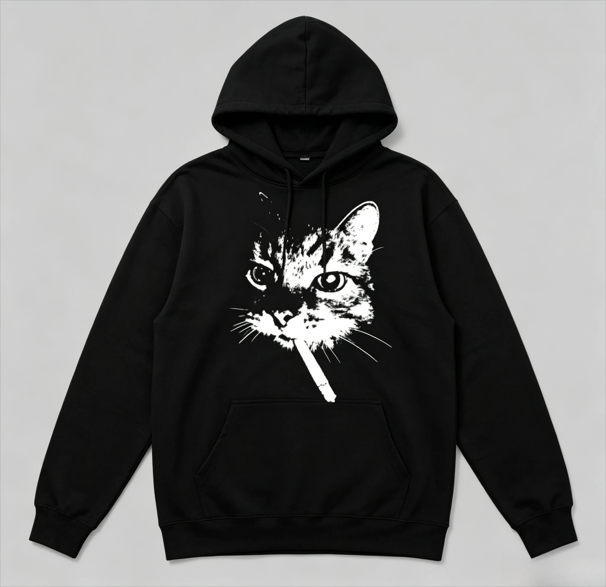Grunge Cat Portrait Print Pullover Hoodie Drawstring Hood Kangaroo Pocket Loose Fit Black Long Sleeve Casual Sweatshirt Top