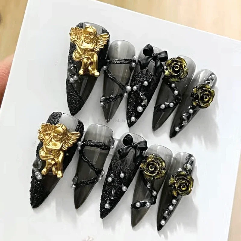 Gothic Style Rose Angel Design Press On Nail Coffin Handmade Fake Nail With Glue Custom Reusable False Nails Tips Art Manicure