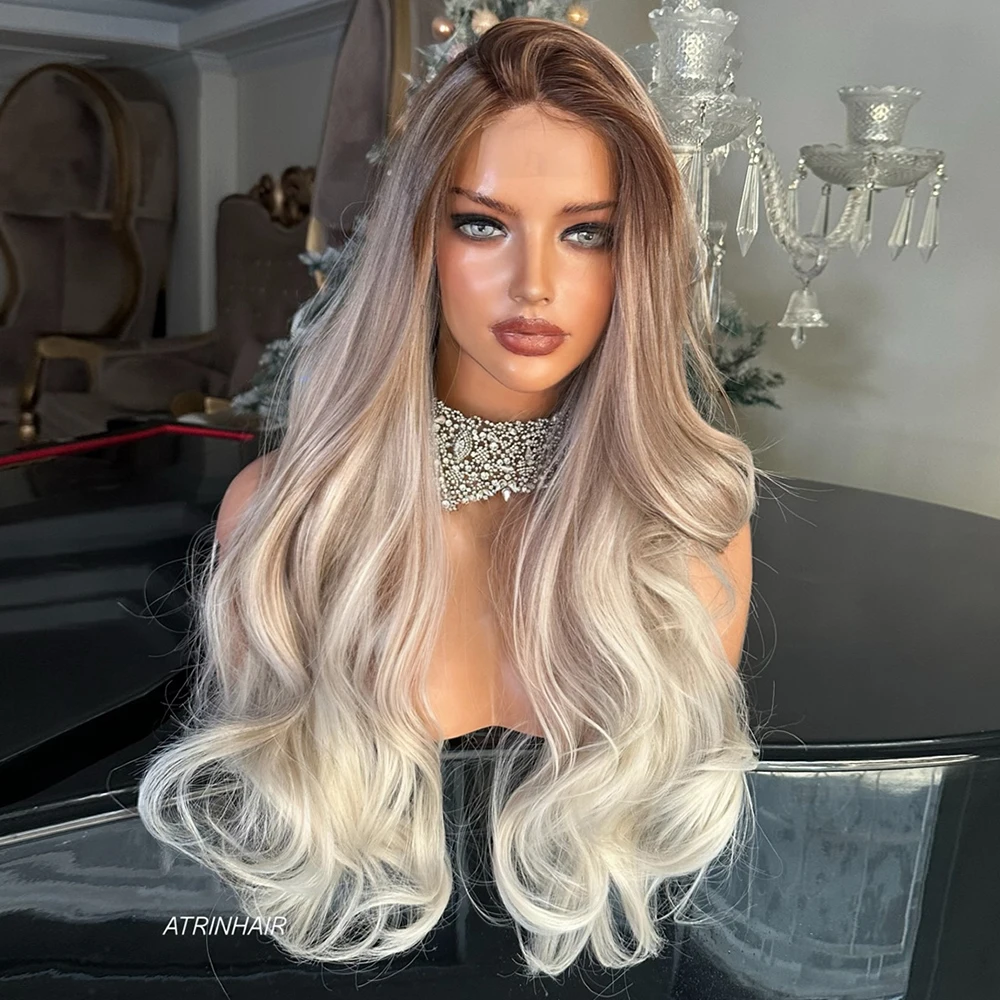 

Парик с эффектом естественных волн, платиновый блонд, длинный, с HD-кружевной основой 13x4, из синтетического волокна, предварительно проработанный, для повседневного использования и косплея, для женщин