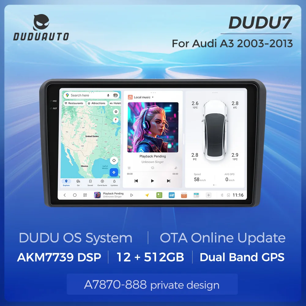 DUDUAUTO DUDU7 DUDU 7 Autoradio Android 13 avec Carplay sans fil A7870 4G 8G+128G pour Audi A3 8P 2003 2004 2005 2006 2007 2008 2009 2010 2011 2012 2013 Écran HD 2000*1200 Navigation GPS Lecteur Multimédia Systèmes Intelligents 8 Cœurs Stéréo DVD Autoradio BT Wifi