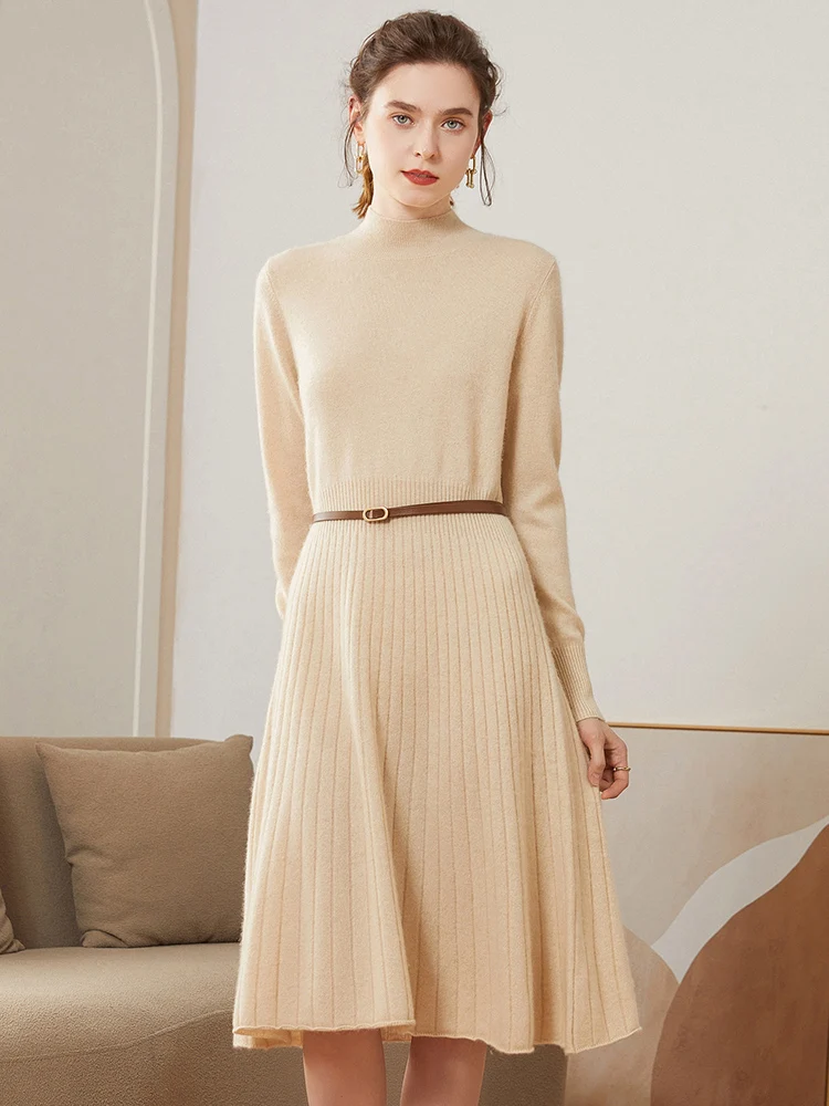 

100% Pure Cashmere Pulllover Swearter Dress Women Autumn Winter Half High Collar Pleated High-end Elegant Slimming Knitted Skirt