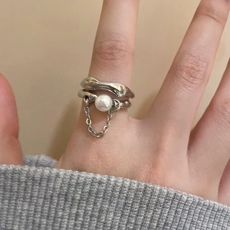 Chain Tassel Double-Layer Pearl Fashion Metal Ring for Women Exaggerated Gold Silver Color Geometric Finger Ring Jewelry Gifts