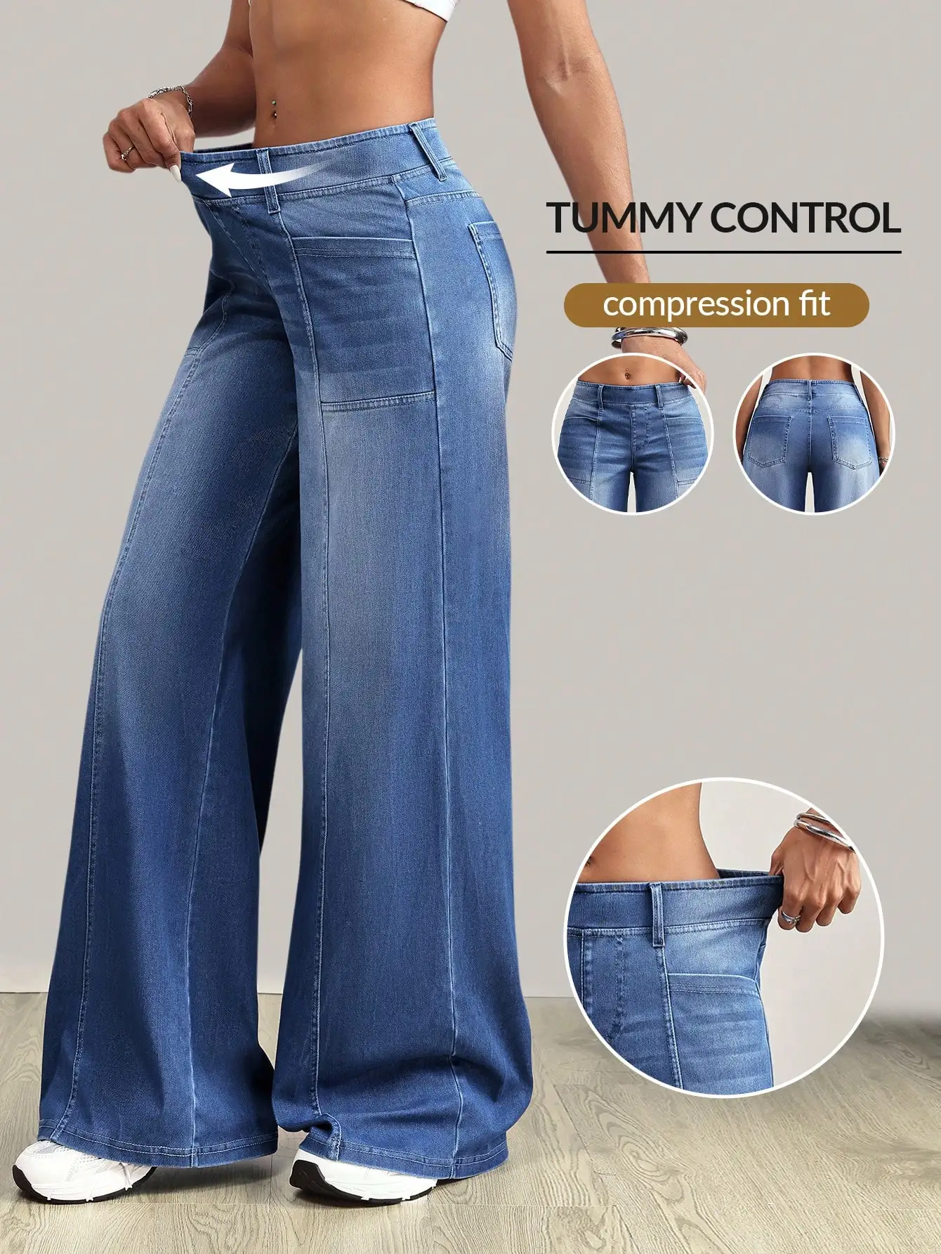 

Женские джинсы с высокой талией и широкими штанинами, с эффектом утягивания живота и компрессионной посадкой