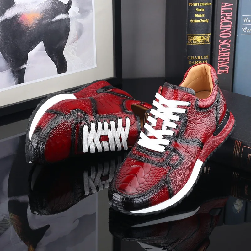 Male Walking Shoes New Sports For Casual Versatile Genuine Ostrich Feet Leather Lacing Up Trendy Wear Resistant Men's Sneakers