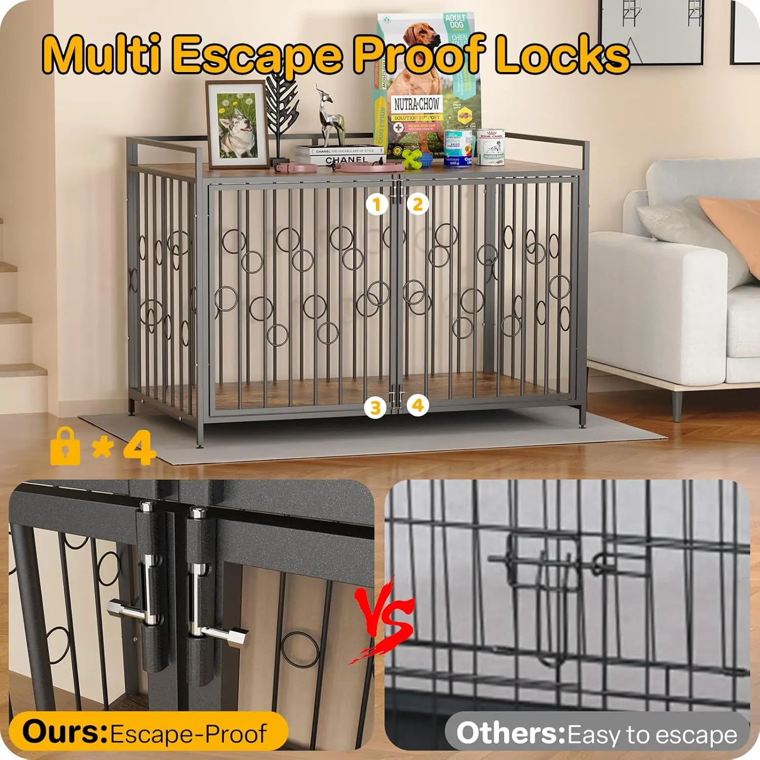 أثاث على شكل صندوق للكلاب مع سطح طاولة، قفص كلب عالي التحمل مقاس 38/42/48 بوصة للديكور، بيت كلب مقاوم للهروب داخلي للأطفال الصغار