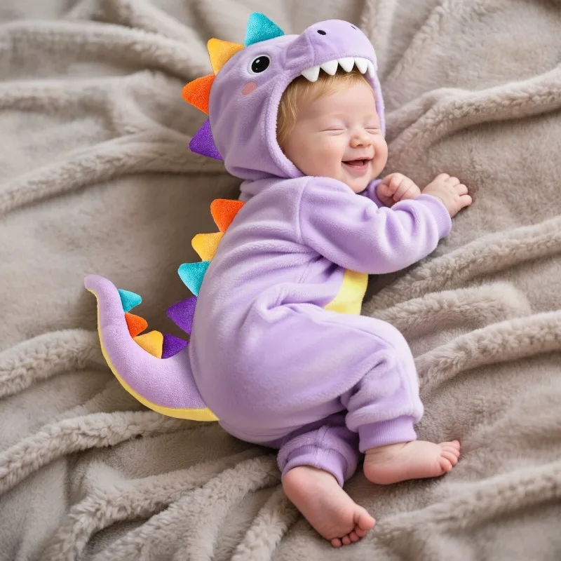 ベビーパープル恐竜ロンパースフード付き歯カラフルなスパイクテール暖かいフリースジャンプスーツ幼児かわいいコスチューム遊び着冬服