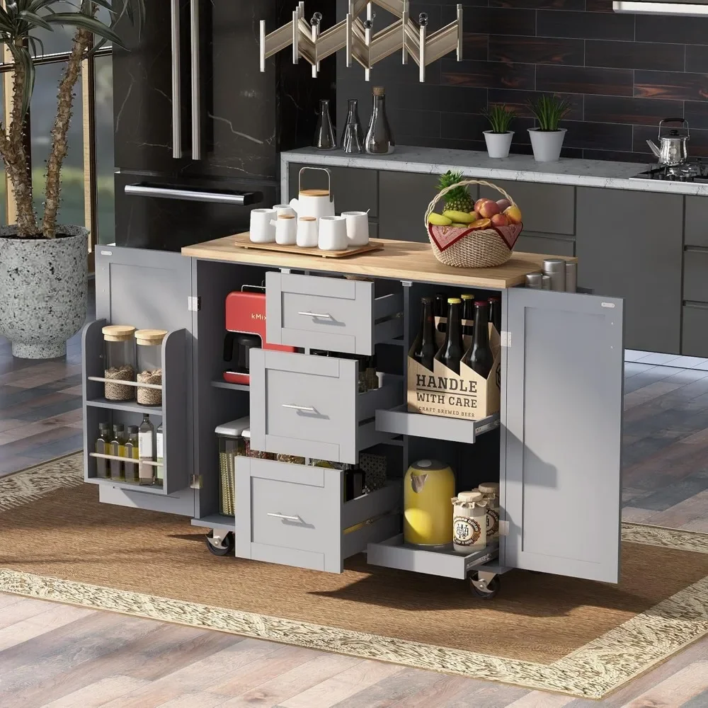 Kitchen Island with Storage, Roller Kitchen Island with Drop Leaf, 3 Drawers, 2 Sliding Shelf Kitchen Island Trolley - A Storage