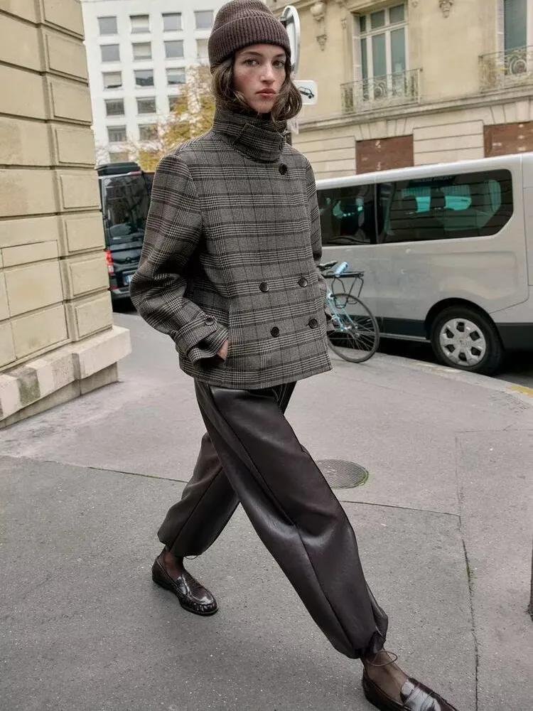 2022 Winter Nieuwe Sle Dames Lange Sve Opstaande Kraag Plaid Double Breasted Jaet Pendelen Faion Loose Fit Polyestervezel