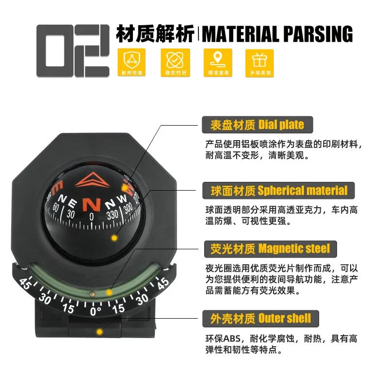 Outdoor Car High Precision Guide Compass for Cart Car Interior Luminous Slope Multifunctional Compass