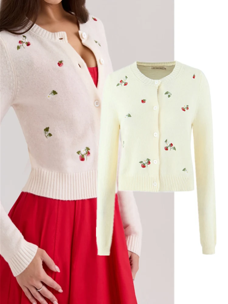 

Вязаный открытый кардиган с вышивкой Sweet Cherry, круглый женский свитер Ne Long Sve Jaet Street Sle Faion, зимняя одежда...