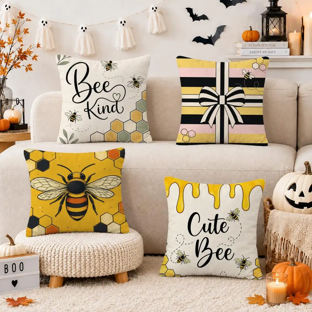 Honey Bees Cushion Cover Soft Short Plush Double-Sided Printing Sofa Home Decor Festival Pillow Case Gifts