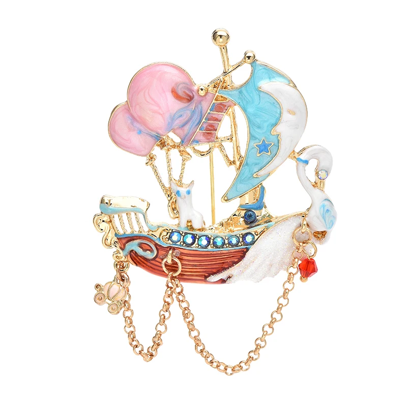 Wuli&babay Romantic Swan Boat Brooches For Women Unisex Multicolor Enamel Flying Balloons Chain Boat Party Office Brooch Pins