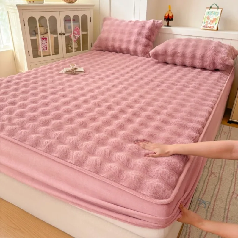 Fluffy Plush Fitted Bed Sheet for Winter Solid Color Rabbit Fleece Bed Sheets on Elastic Winter Warm Thicken Mattress Protector