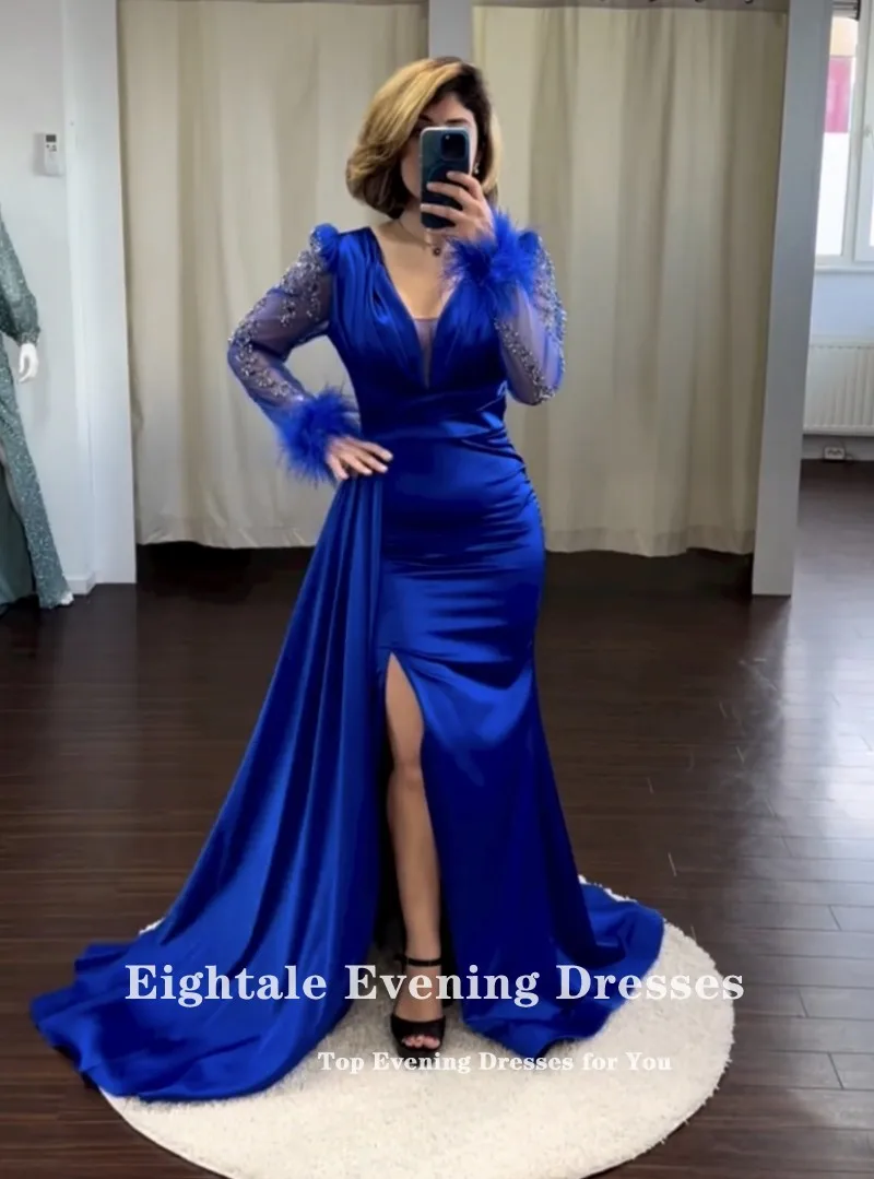 Eightale Royal Blue Evening Dress for Wedding Party V-Neck Satin Beaded Long Sleeves Arabic Dubai Prom Gowns Feather Celebrity