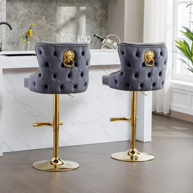 Velvet Barstools Set of 2 Upholstered Adjustable Swivel Stool Chairs with Chrome Base Diamond Pattern Rivet Trim and High Tufted