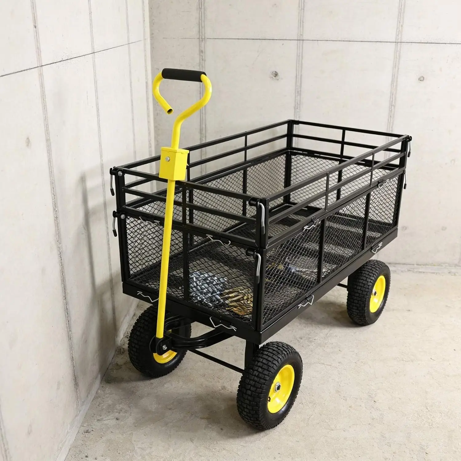 Heavy Duty Steel Garden Dump Cart, 1100LBS 4-Wheel Mesh Wagon with Pneumatic Tires for Lawn Mulch Firewood, Customized