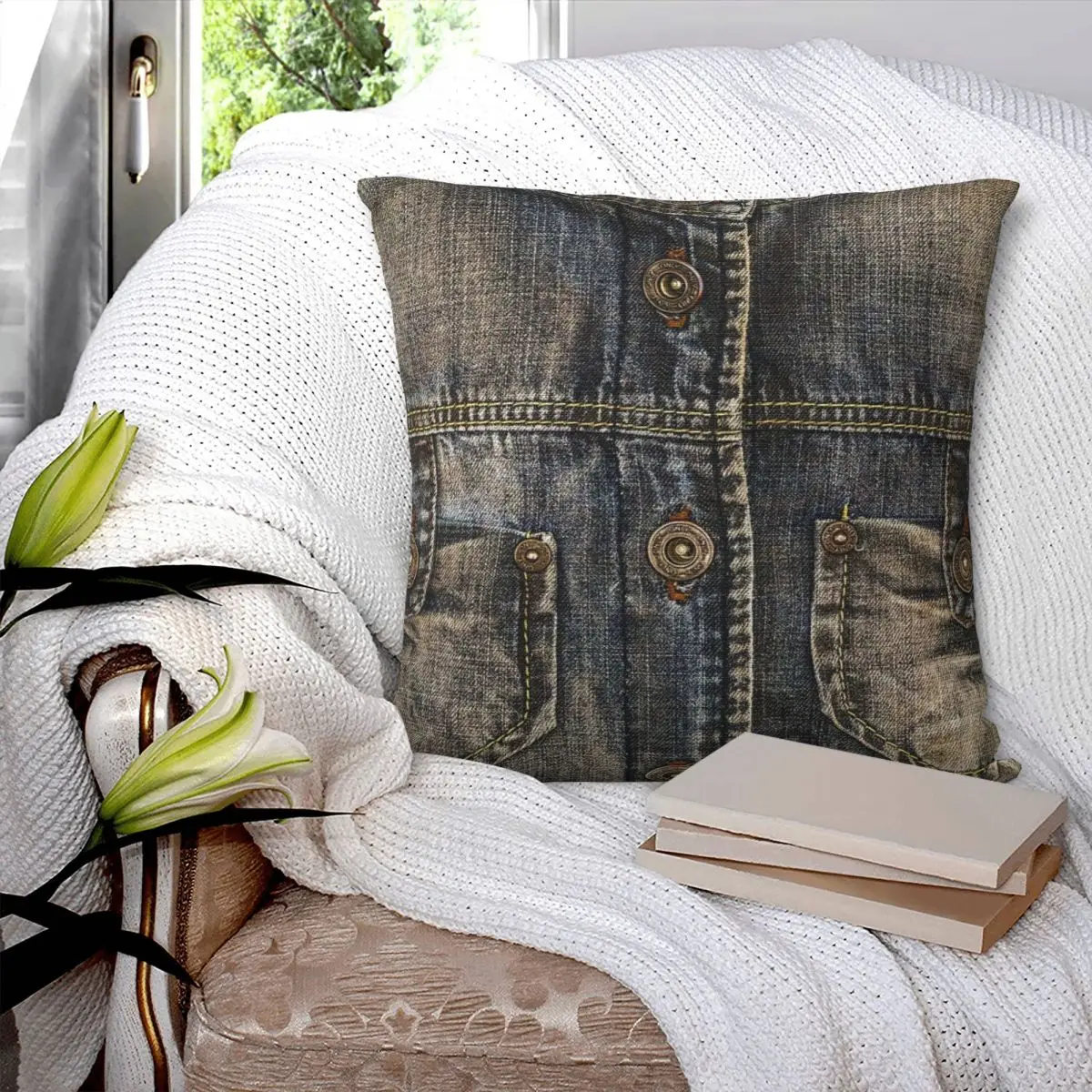 Two Pocket I Love Bluejeans Denim Square Pillowcase Pillow Cover Velvet Cushion Decor Comfort Throw Pillow For Home Sofa