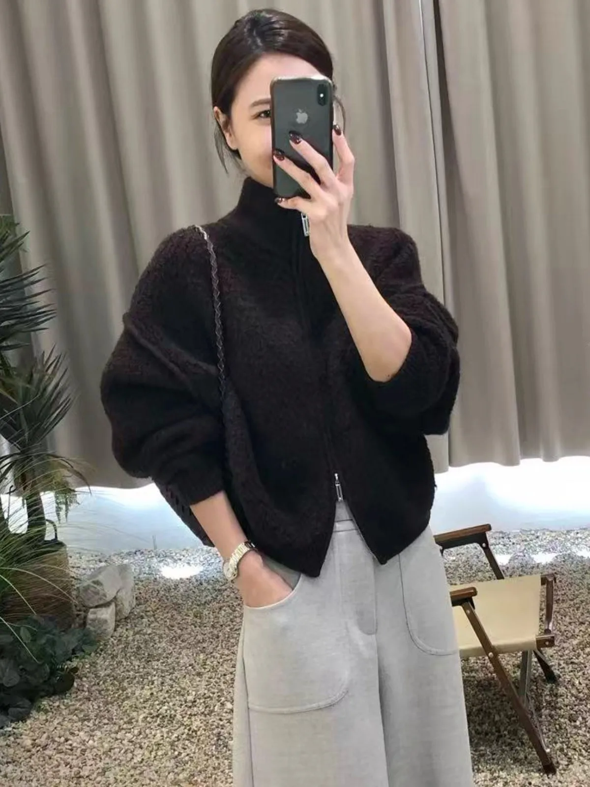 한국 슬레 티엔드 더블 지퍼 파티클 페이스 자켓 여성용 겨울 슬림핏 패셔너블 스웨터 또는 아우터웨어