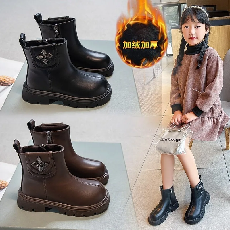 

2025 New Girls Fashion Short Boots Simple Non-slip Kids Casual Versatile Round-toe Princess Ankle Boots Child Shoes