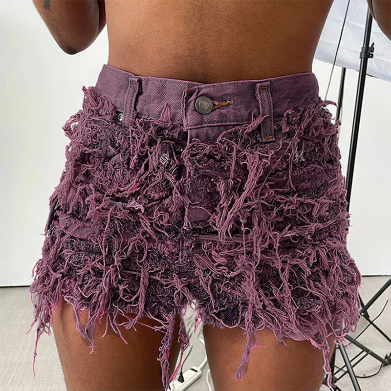 CUTENOVA Tassels Denim Hip shorts Vintage Street Style Women Casual High Waist Skinny shorts Ladies Streetwear Clothing
