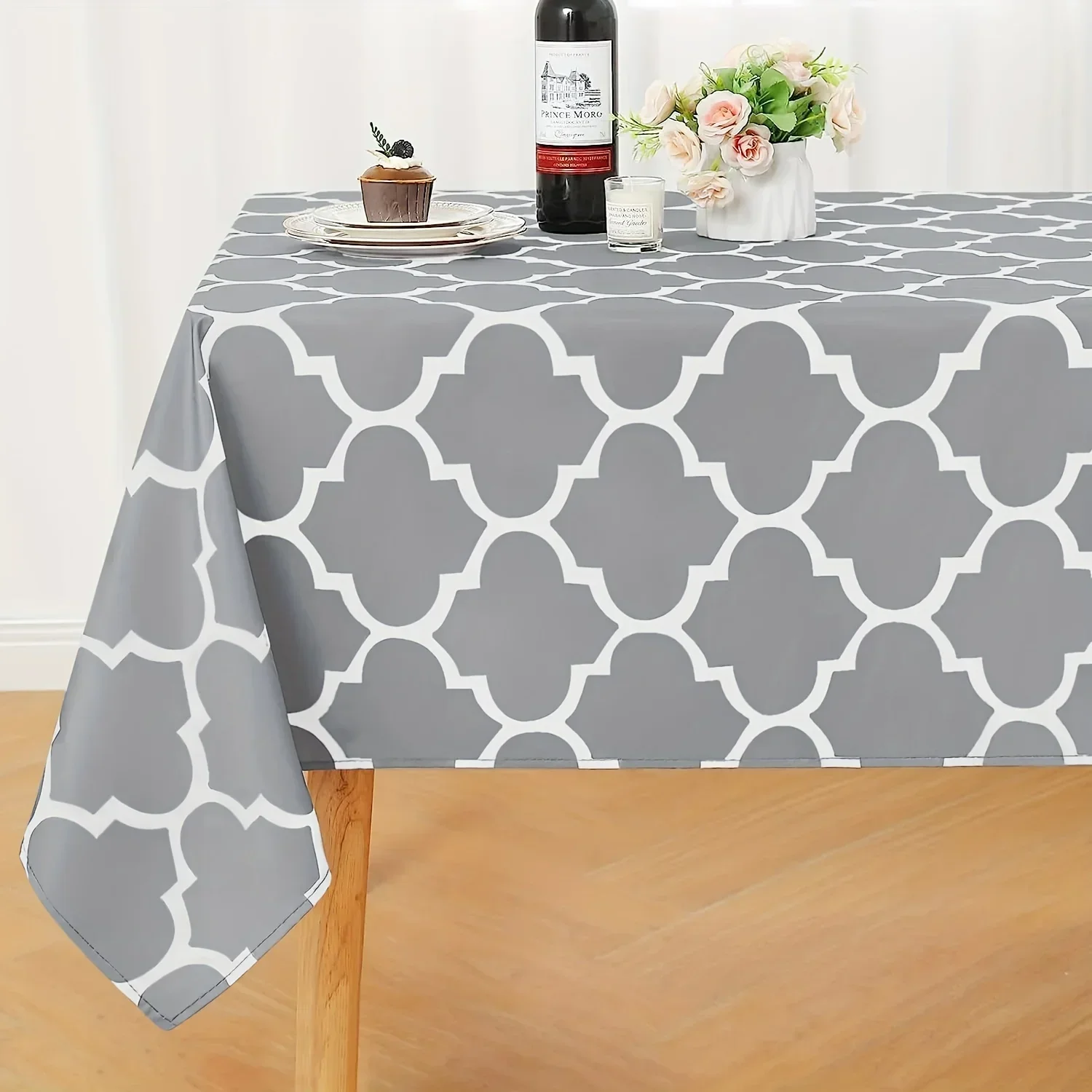 

1PC light gray and white Moroccan square polyester tablecloth, suitable for restaurant indoor and outdoor decorations