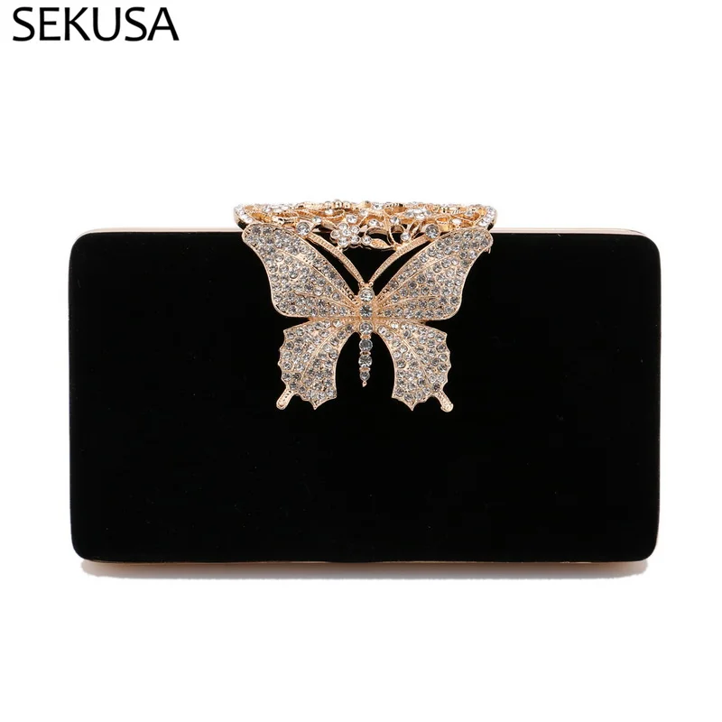 

Metal Golden Butterfly Design Day Clutch Flap Phone Pocket Purse With Chain Shoulder Velvet Diamonds Evening Bags