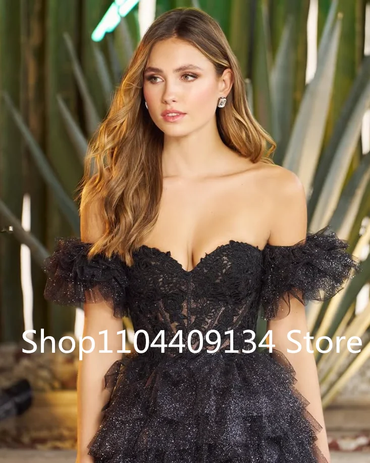 ブラックキラキラプリンセスオフショルダーウエディングドレスギルターフリルスカートハイスリットレースコルセットトップイブニングパーティードレスカスタムサイズ