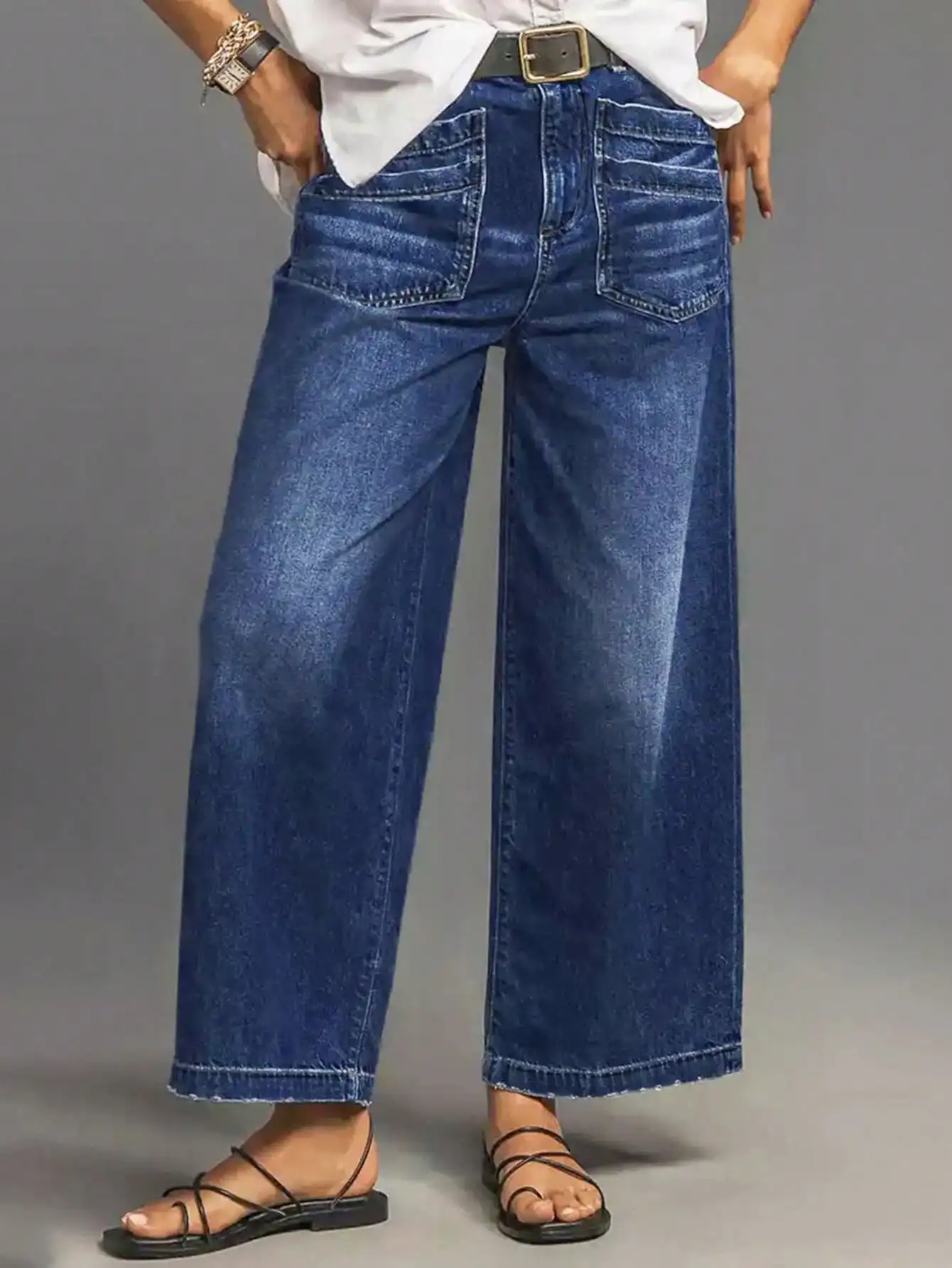 Vaqueros vaqueros de mezclilla lavados de talle alto para mujer con diseño de bolsillo elegante: perfectos para ropa casual de principios de otoño
