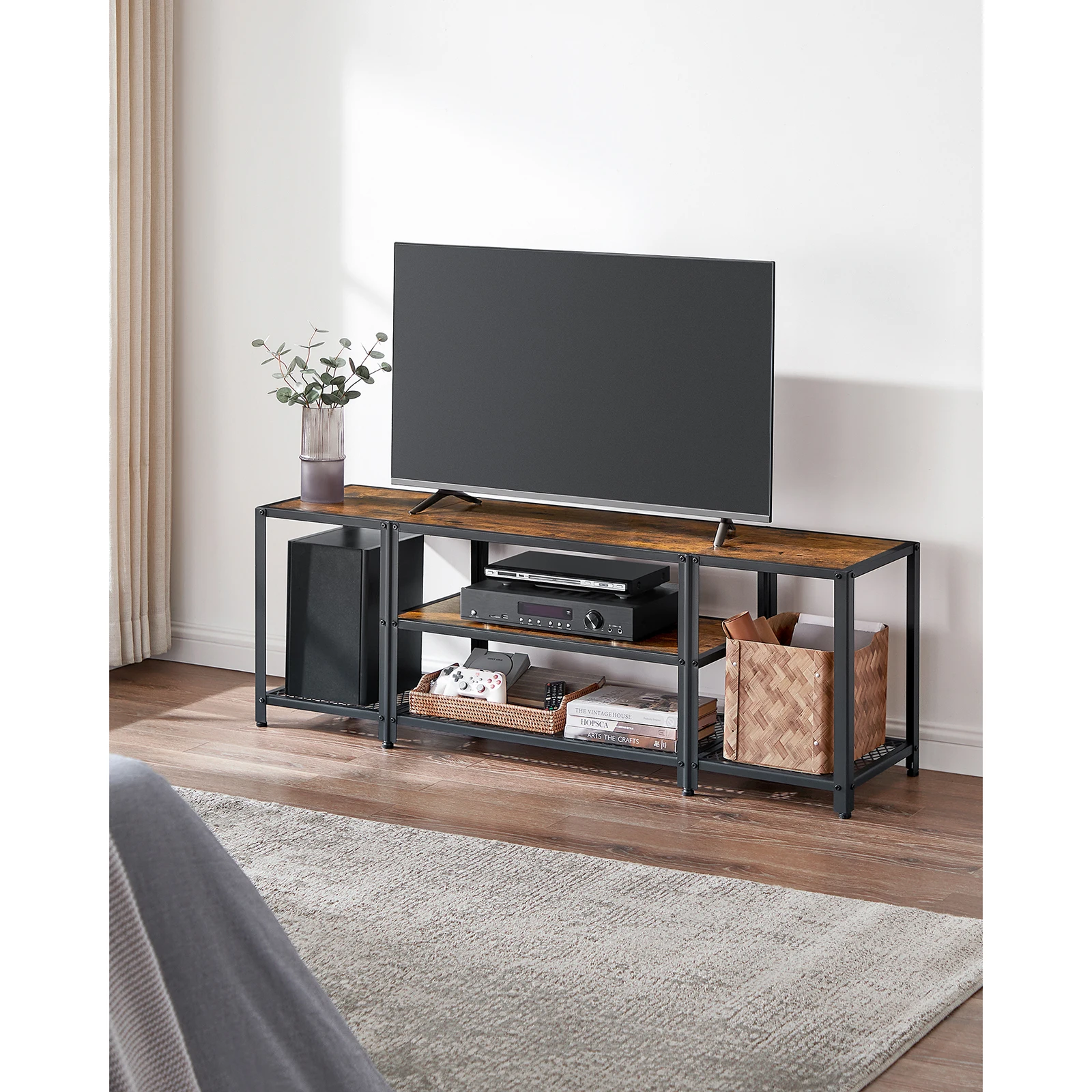 VASAGLE 3-Tier TV Stand for TVs up to 65 Inches, 147 cm TV Unit with Open Storage Shelves, Industrial TV Cabinet