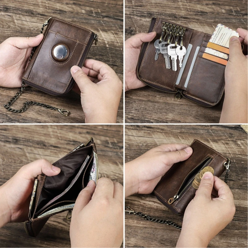 Men's Wallet Luxury New Genuine Leather RFID Small Wallet Key Holder Airtag Case Male Purse Zipper Coin Pocket