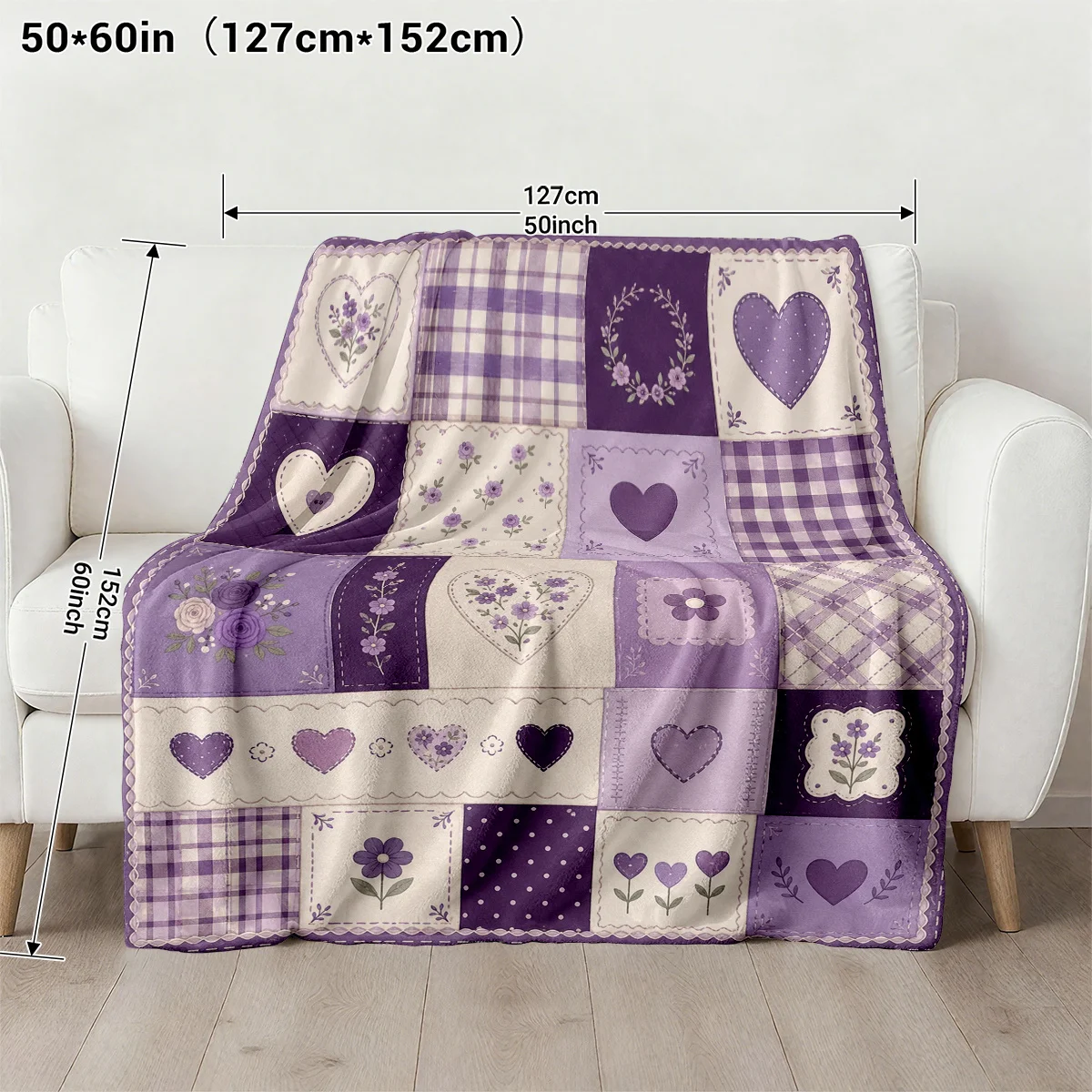 2D Flat Printing, 1pc Gentle Fresh Style Blanket/Throw, Printed with Purple Heart Floral Plaid Patchwork Pattern Nap Mat, Suitab