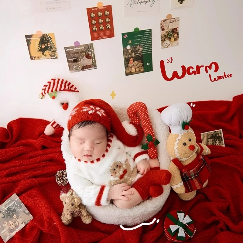 Newborn Photography Props Christmas Theme Set Knitted Outfit Tassel Blanket Cute X'mas Decors Accessories for Studio Photoshoot
