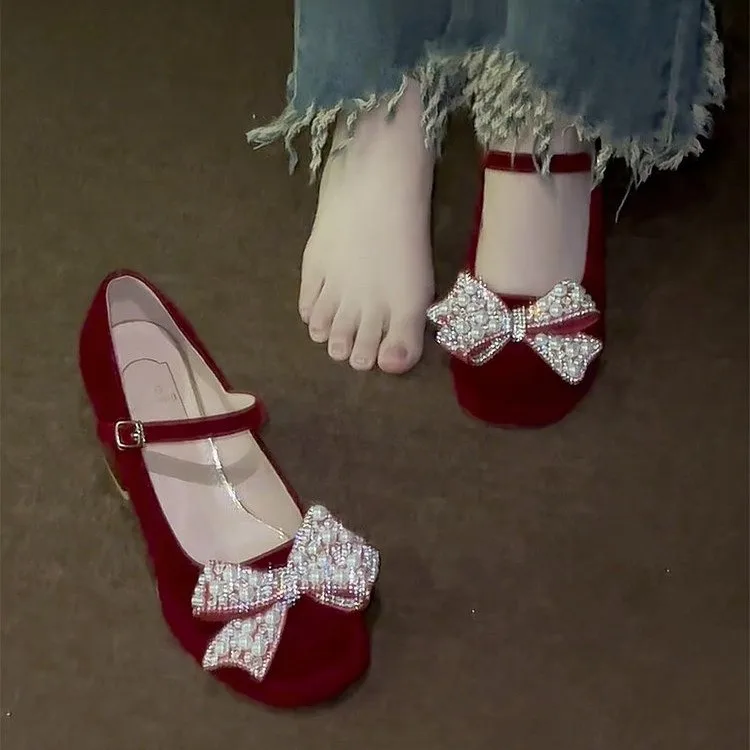 أحذية الزفاف الحمراء كعب مكتنز مزاجه الراقية غير متعب أقدام القوس ماري جين العروس عالية الكعب النساء #2