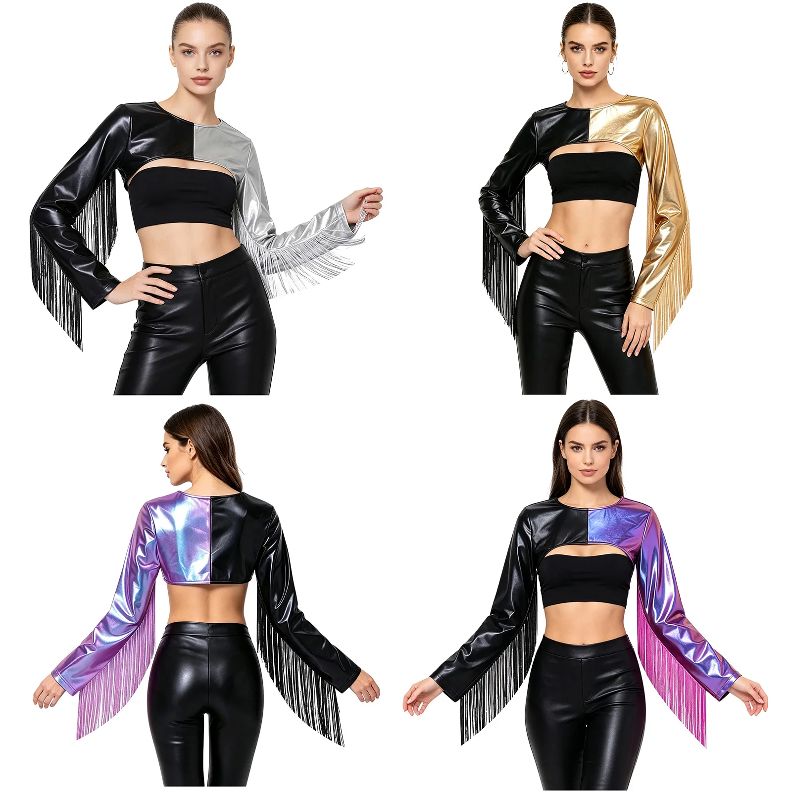 Womens Color Block Crop Top Long Sleeve Tassel Crew Neck Fringed Top for Latin Jazz Dance Burlesque Cabaret Stage Performance