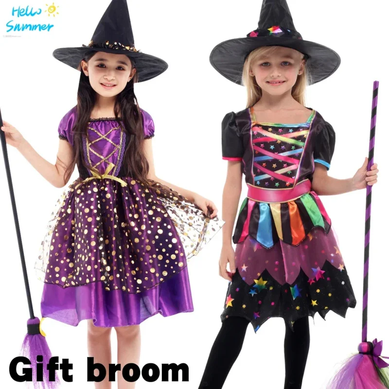 

2025 New Halloween Purple Witch Dress With Hat Broom Fancy Masquerade Party Girl Costume Children Cosplay Dance Kids Holida ★☆★