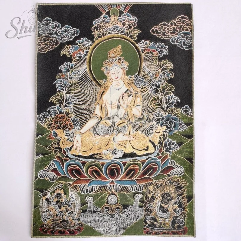 

35.4″ Black Gold White Tara Brocade Tibetan Tangka Embroidery Painting Gold Thread Embroidery Decorative Hanging Pictures